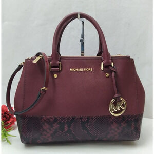 Michael Kors Sutton Maroon Leather Python Detail Carryall Satchel Shoulder Bag